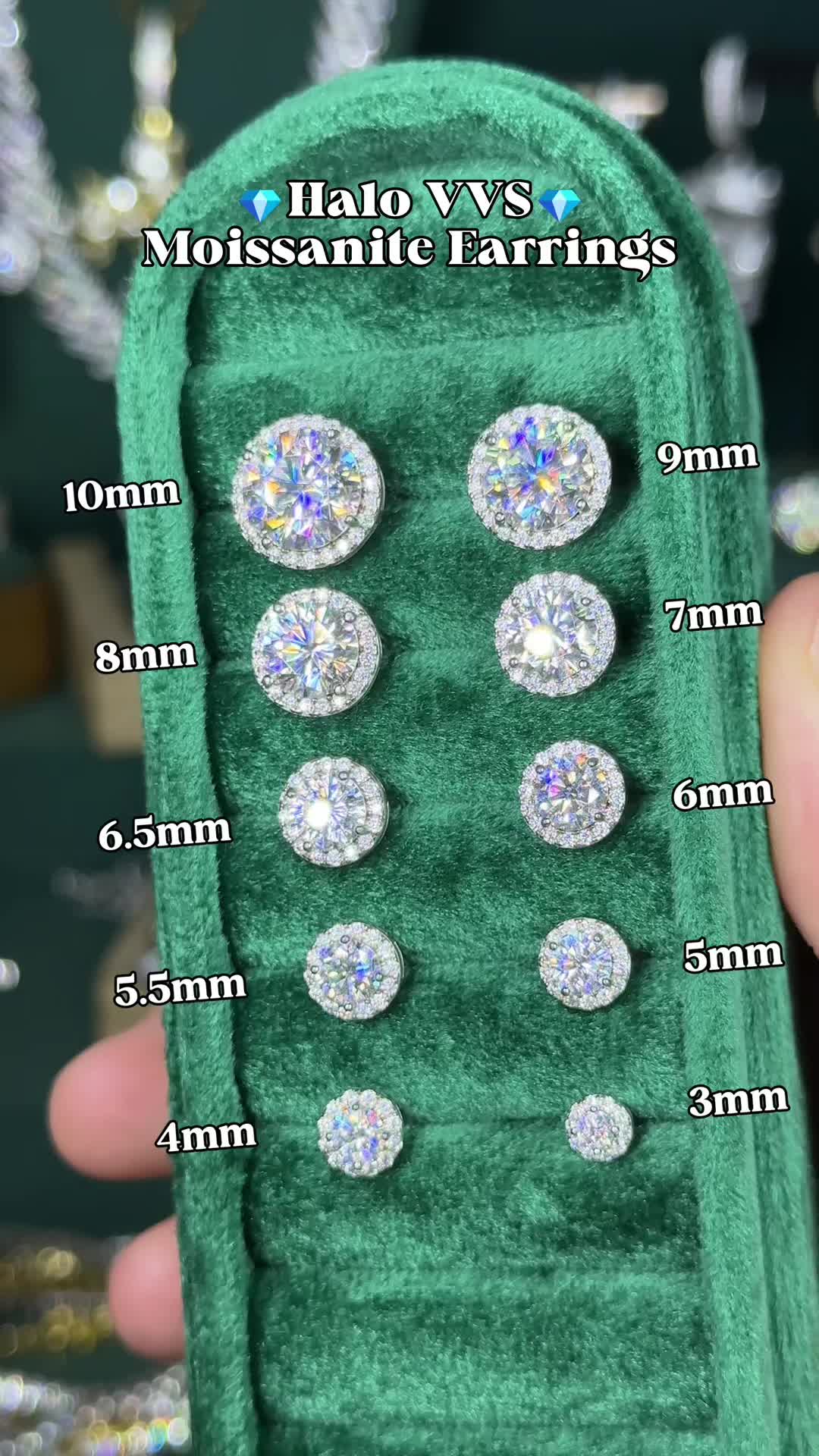Halo VVS Moissanite Earrings with size number labels TikTok video
