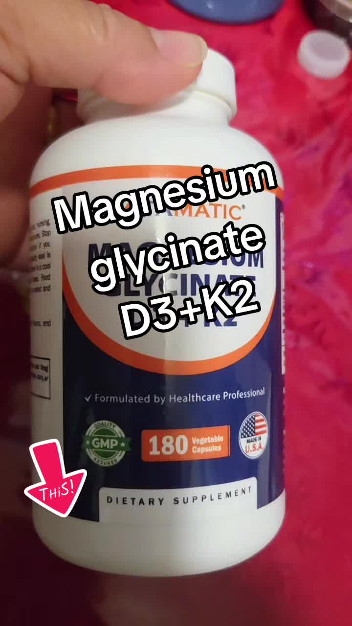Magnesium glycinate D3+K2, with colored text at the bottom sequentially showing:… TikTok video