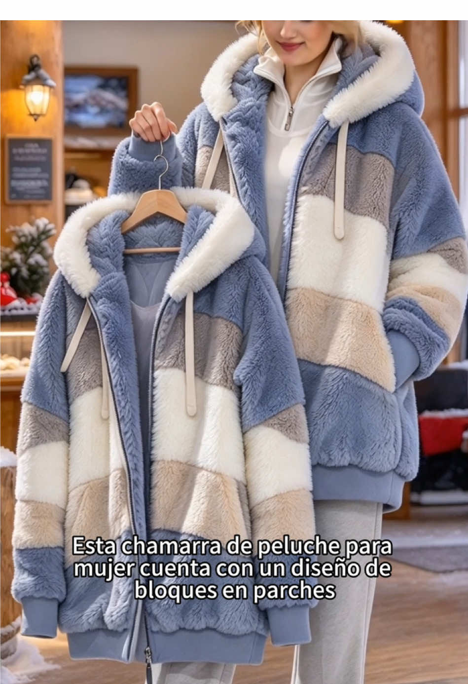 This women's plush jacket features a block patchwork design TikTok video