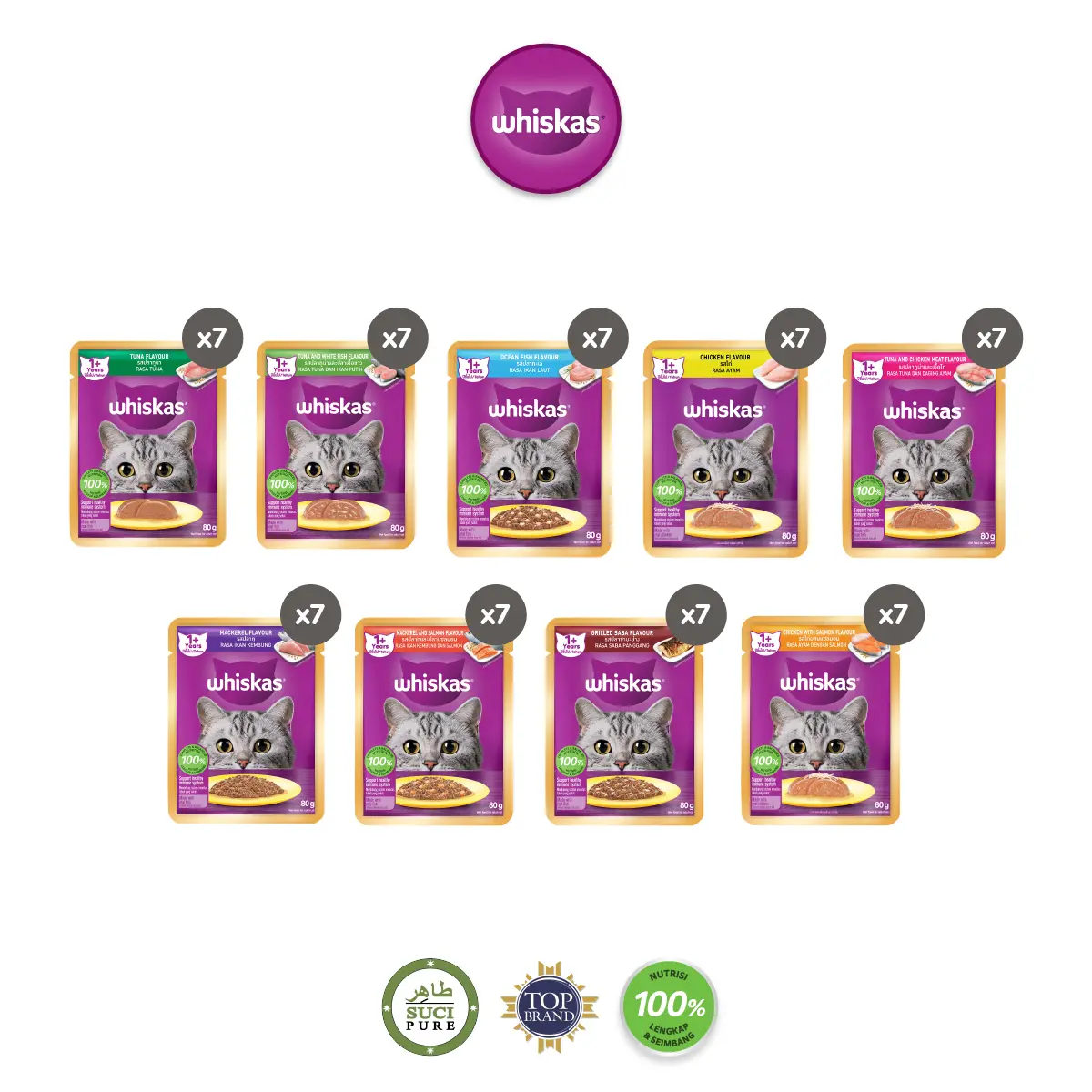 Whiskas Wet Cat Food Pouches, Choice of Flavours, 80g, 7-Pack