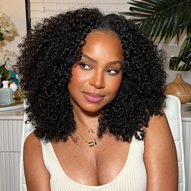 Peluca afro rizada OQ HAIR de cabello humano con raya en V, densidad de 180 % o 250 %, sin dejar cabello fuera, raya fina, media peluca 3 en 1 con gorro ajustable, línea del cabello invisible, sin pegamento y fácil de colocar para principiantes #TikTokShopFallDealsForYou