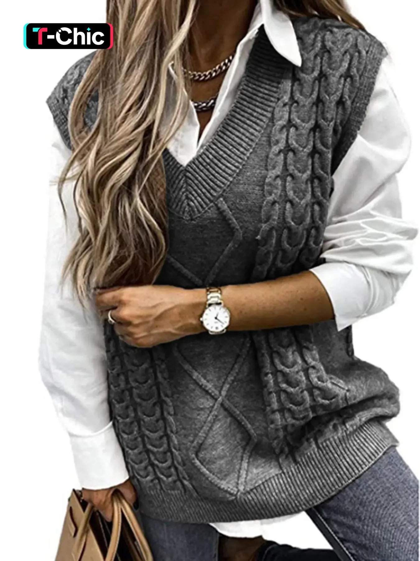 Gilet pull en maille torsadée à col V pour femme, uni et texturé, style preppy décontracté pour l’automne et l’hiver, maille épaisse pour tous les jours
