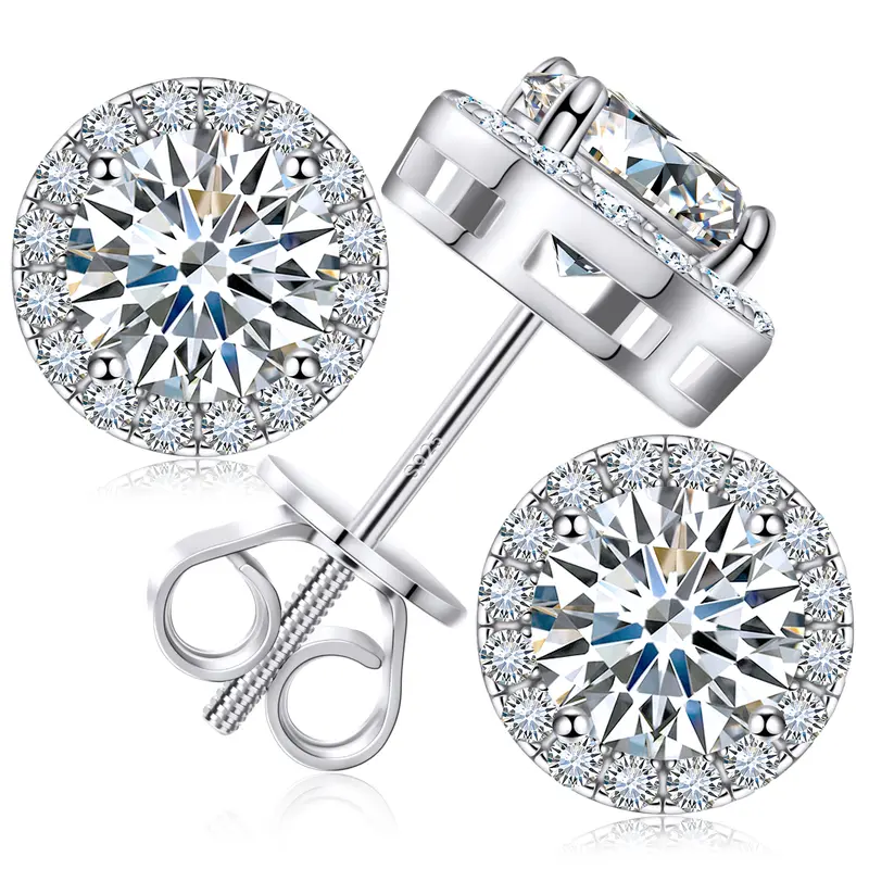 UCCIYO E103 Screw-Back Halo Lab-Created Moissanite Stud Earrings, 0.2–8.0ct, 3–10mm, 925 Sterling Silver, Round Cut