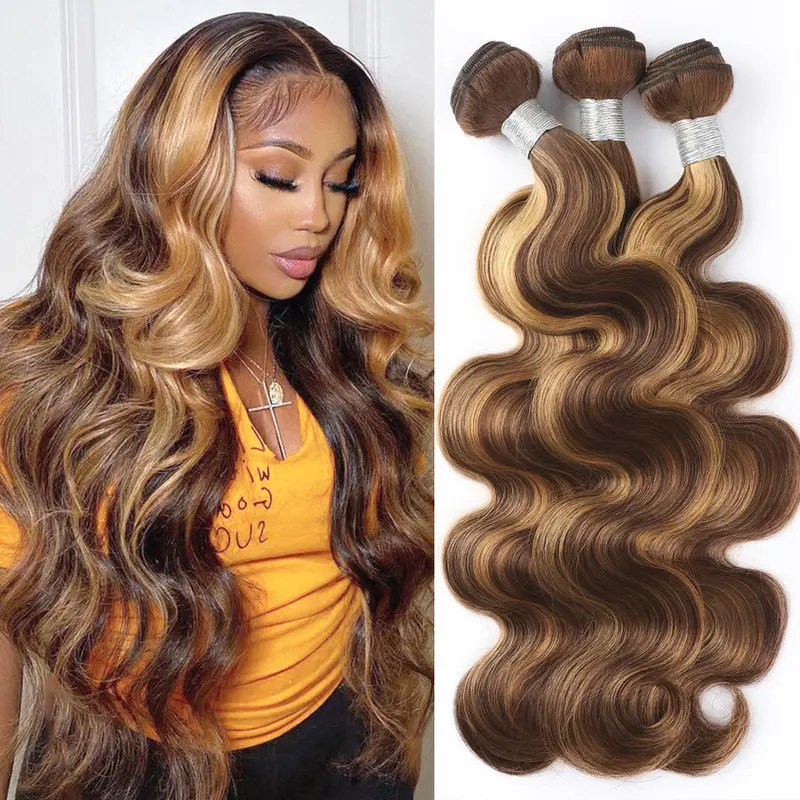 3 bó tóc thật Brazil uốn sóng body wave nhuộm highlight vàng mật ong P4/27, màu T1B/4/30, dùng nối tóc hoặc dệt tóc