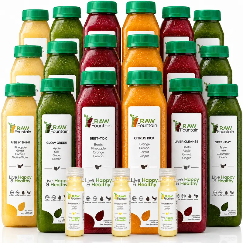 RAW Fountain 3 Day Juice Cleanse Detox, RAW Cold Pressed Juices, All Natural, No Gluten, No Wheat, No Artificial Flavors, 18x 12oz Bottles, 3 Ginger Shots 2oz