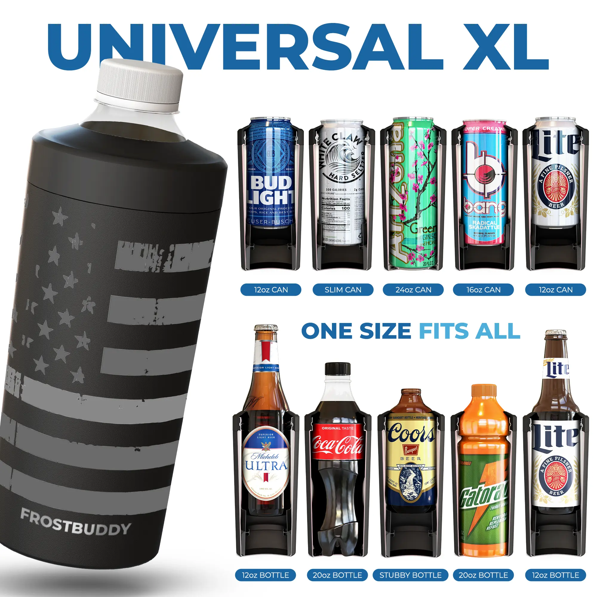 Universal XL Can Cooler for Most 12–24oz Cans and Bottles, Vacuum-Sealed Stainless Steel