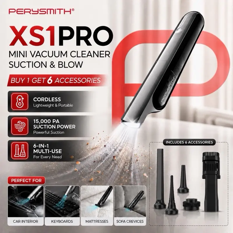 [MỚI] Máy hút bụi không dây ô tô & gia đình PerySmith XS1 PRO 150W 15.000Pa | Động cơ không chổi than, chức năng thổi, hút lông thú cưng