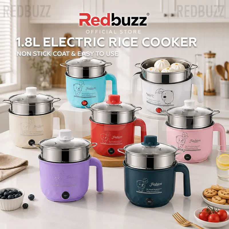 Nồi điện chống dính REDBUZZ 1.8L chịu nhiệt, nồi cơm điện mini kèm xửng hấp, dùng chiên và nấu, REDCHERRY