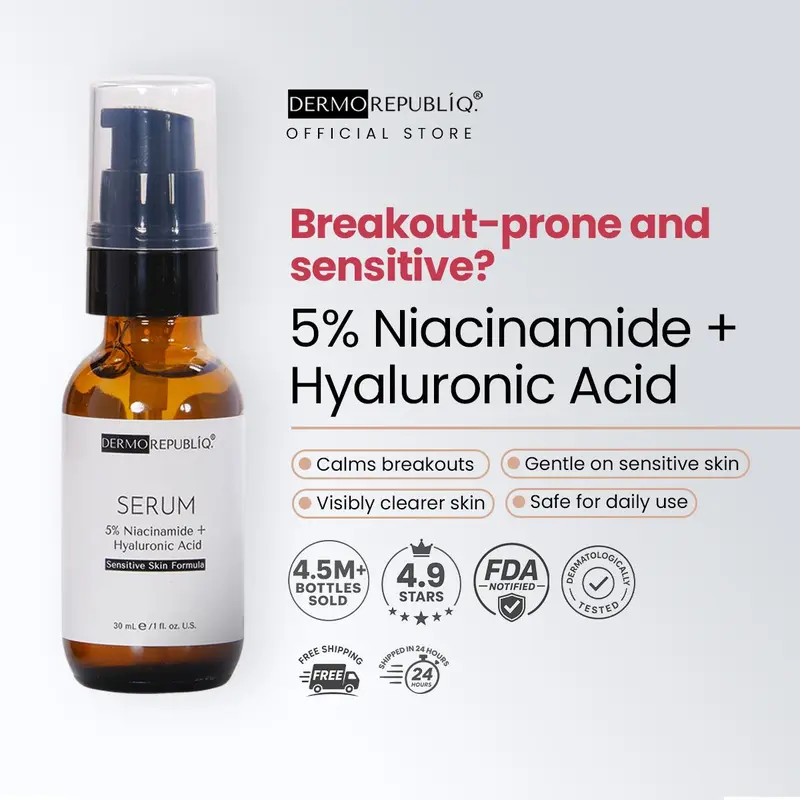 Dermorepubliq 5% Niacinamide and Hyaluronic Acid Serum for Acne-Prone, Sensitive and Dull Skin, for the Look of Pimple Marks and Daily Use