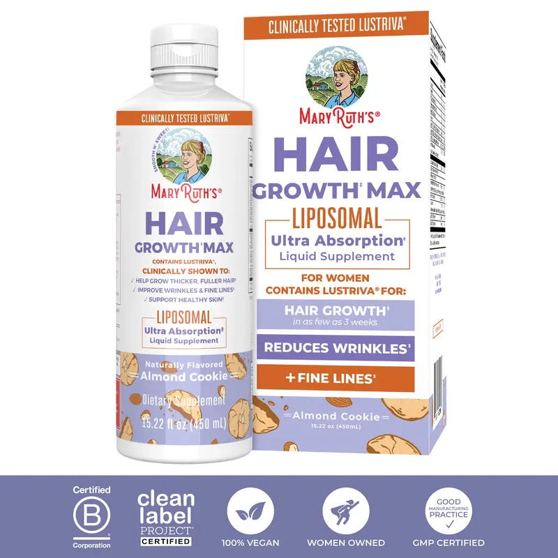 MaryRuth's Hair Growth Max Liposomal - Lustriva + Biotin 10000mcg + Pumpkin Seed Oil - Thicker Hair - Improve Wrinkles & Fine Lines - 15.22 Fl Oz