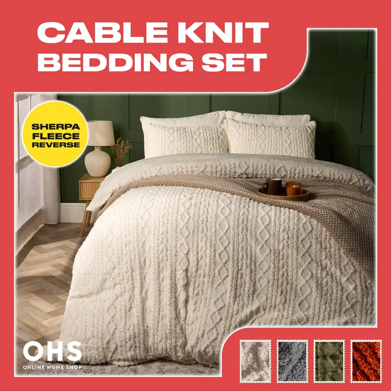 Juego de funda nórdica y funda de almohada OHS de punto trenzado, felpa suave con reverso de sherpa, para invierno; tamaños individual, matrimonial y king