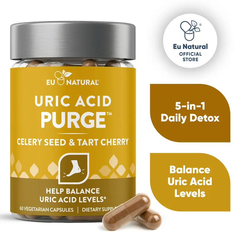 Eu Natural PURGE Uric Acid Cleanse, suplemento vegano de 60 cápsulas moles com extratos de semente de aipo, cereja ácida e chanca-piedra para suporte às articulações e à mobilidade