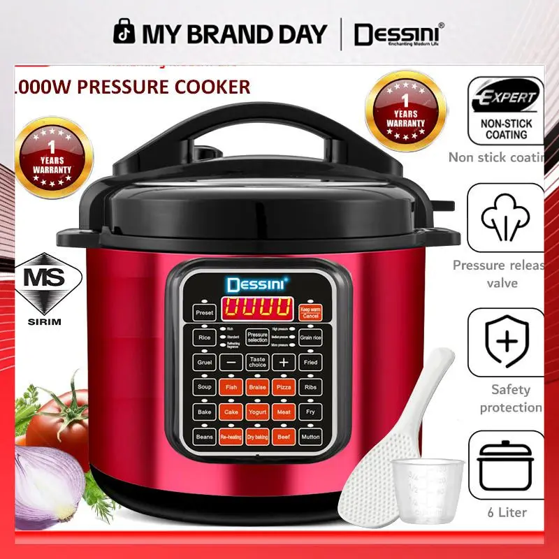 Olla a presión eléctrica digital multifunción DESSINI ITALY 25 en 1 de 6 L, con recipiente interior antiadherente, función para arroz y cocción al vapor