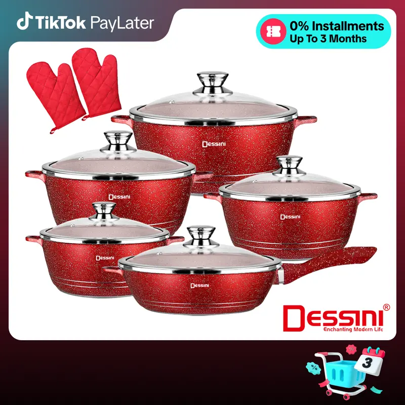 DESSINI ITALY Granite Aluminium Non Stick Casserole Pot Bowl Deep Fry Pan Cookware Tool (12 Pcs)