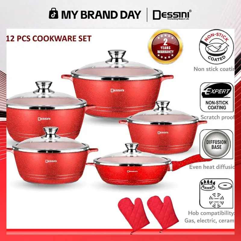 Juego de utensilios de cocina DESSINI ITALY de aluminio con revestimiento de granito antiadherente, 12 piezas: ollas, cacerolas y sartén profunda