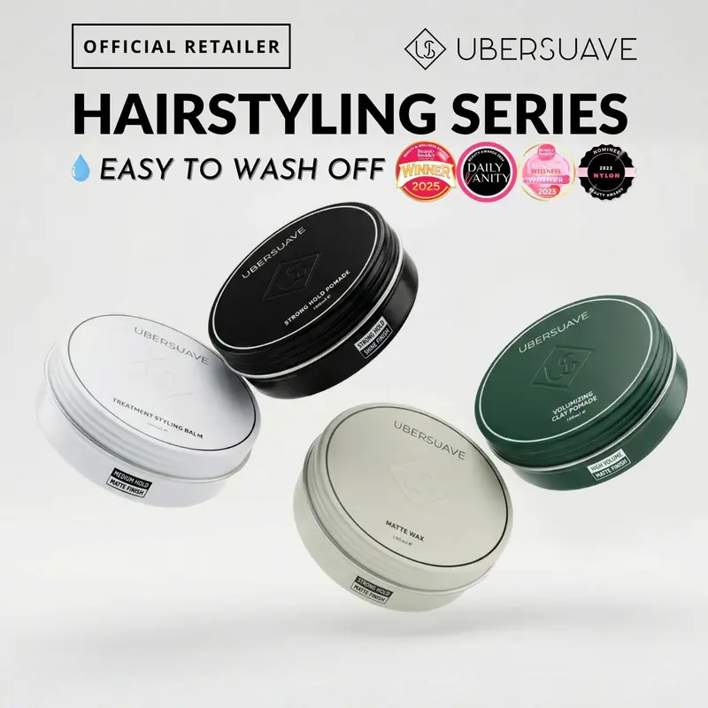 Ubersuave Hair Styling Series: Matte Wax, Strong-Hold Pomade, Volumizing Clay Pomade, Sea Salt Spray and Styling Powder