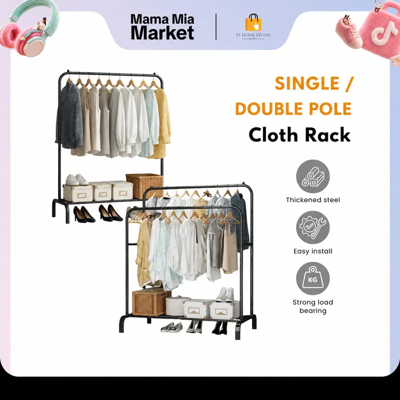 Rak Baju Besi Satu & Dua Tiang Rak Pengeringan Rumah Single & Double Pole Steel Clothes Rack Household Drying Rack Home Supplies Laundry