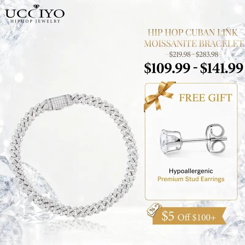 UCCIYO B62 Men's 6mm Miami Cuban Chain Bracelet in S925 Sterling Silver with D VVS1 Synthetic Moissanite