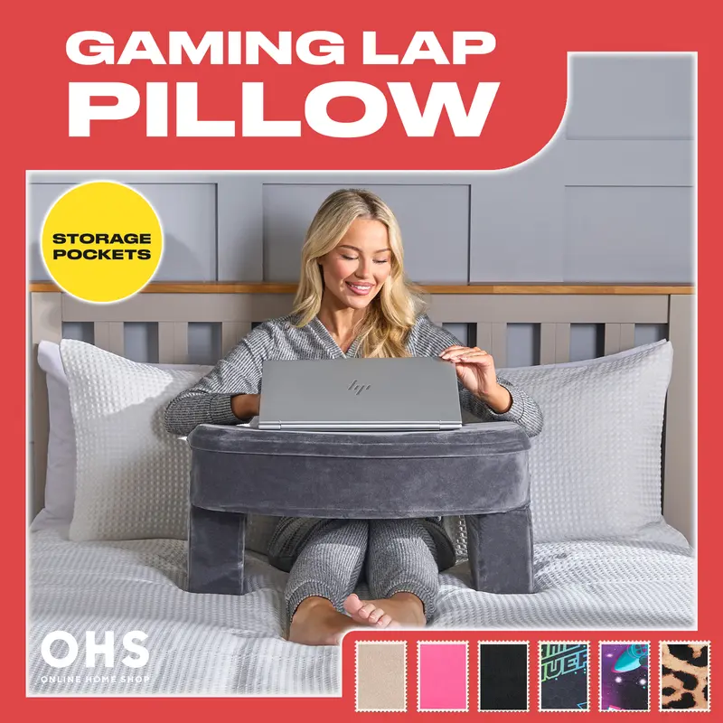 OHS Plush Laptop Lap Pillow Tray with Foam Armrest and Storage Pockets for Bed or Sofa