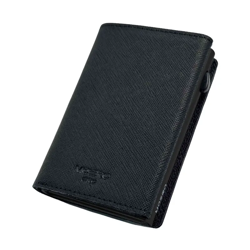 Moero PRO PLUS Zip Saffiano – 스크래치 방지 천연 사피아노 가죽 지갑, 지퍼 동전 수납, RFID 및 마그네틱 잠금 – 블랙
