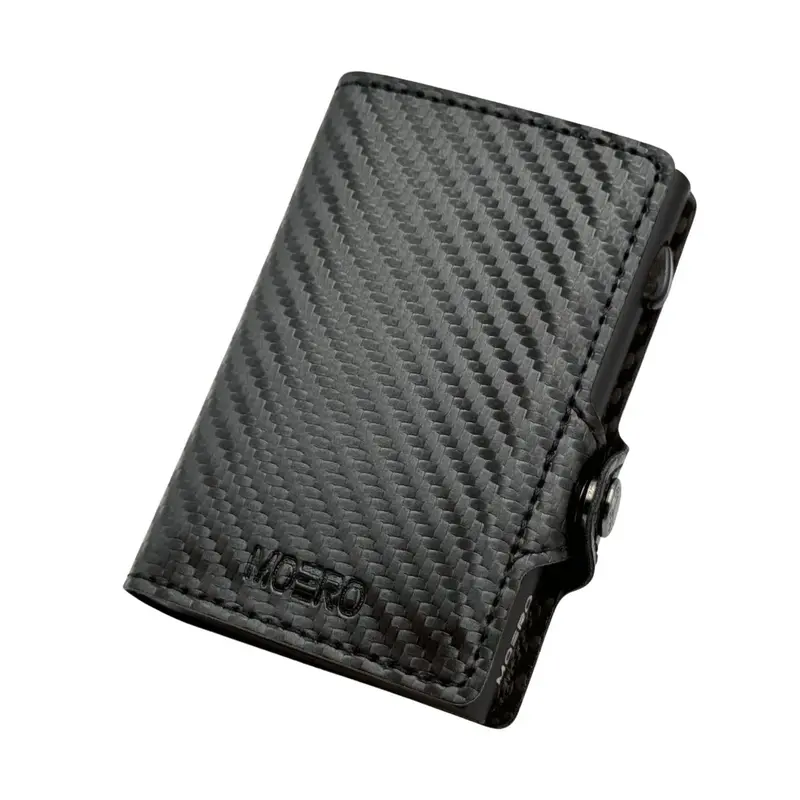 Moero Classic Zip Carbon Black Wallet in Genuine Leather and Carbon Fibre with Zipped Coin Pocket, RFID Protection and Press-Stud Closure