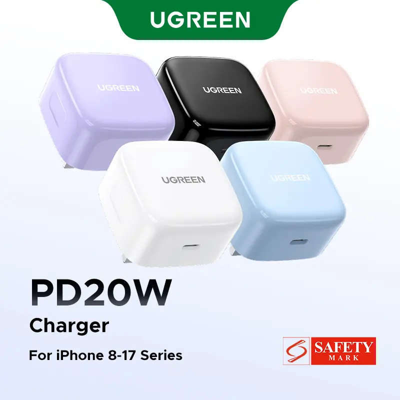 UGREEN PD 20W Fast Charger with UK Plug and Cable Set — Safety Mark, Portable, Compatible with iPhone 8–17 Series, SKU 70297