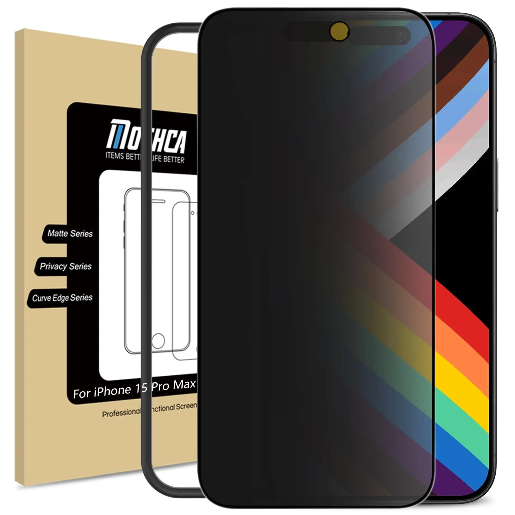 Mothca 무광 사생활 보호 강화유리 필름, iPhone 13/14/15/16/17 Pro Max Plus 호환, 간편 부착 도구 포함, 시야 차단·눈부심 방지·풀커버·지문 방지·케이스 호환·실크처럼 부드러운 촉감·충격 보호
