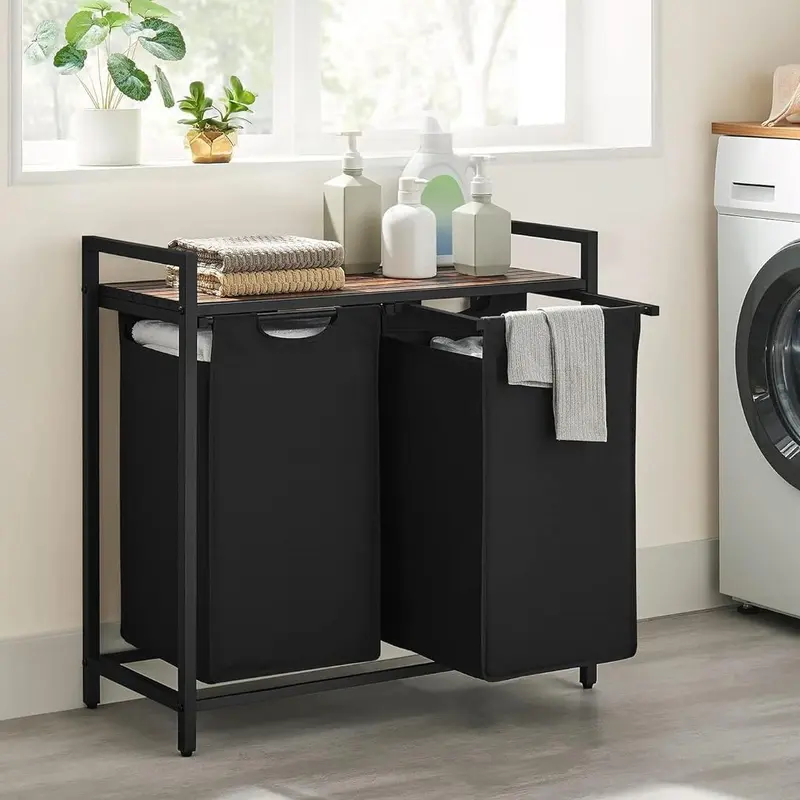 SONGMICS HOME Laundry Hamper with 2 Compartments and Shelf, Removable Oxford-Fabric Bags, Metal Frame, 2 × 46 L, 73 × 33 × 72 cm