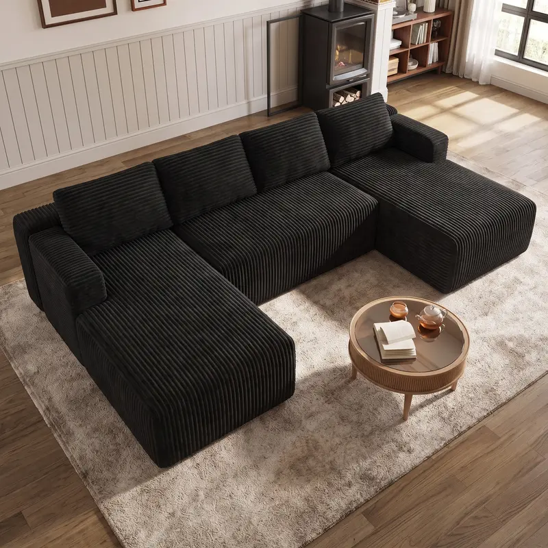 【2 Packages Shipping] L-Shape Plush Corduroy Velvet Modern Sofa with Deep Seat, Upholstered Couches for Living Room & Bedroom, No Assembly Required,Back To School
