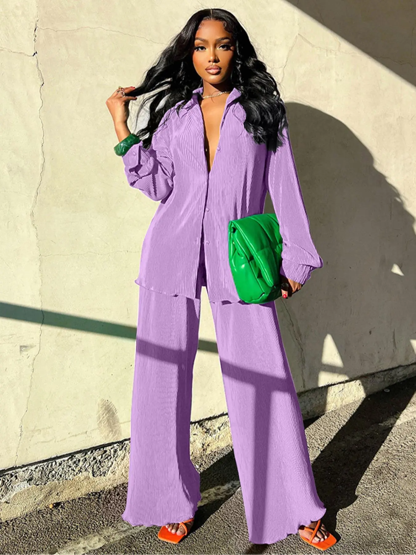 Setelan Wanita 2 Pieces Kemeja Polos Berkancing dan Celana Pinggang Elastis, Atasan Kerah Lengan Panjang Lettuce Trim & Celana Wide Leg untuk Musim Semi/Gugur dan Harian