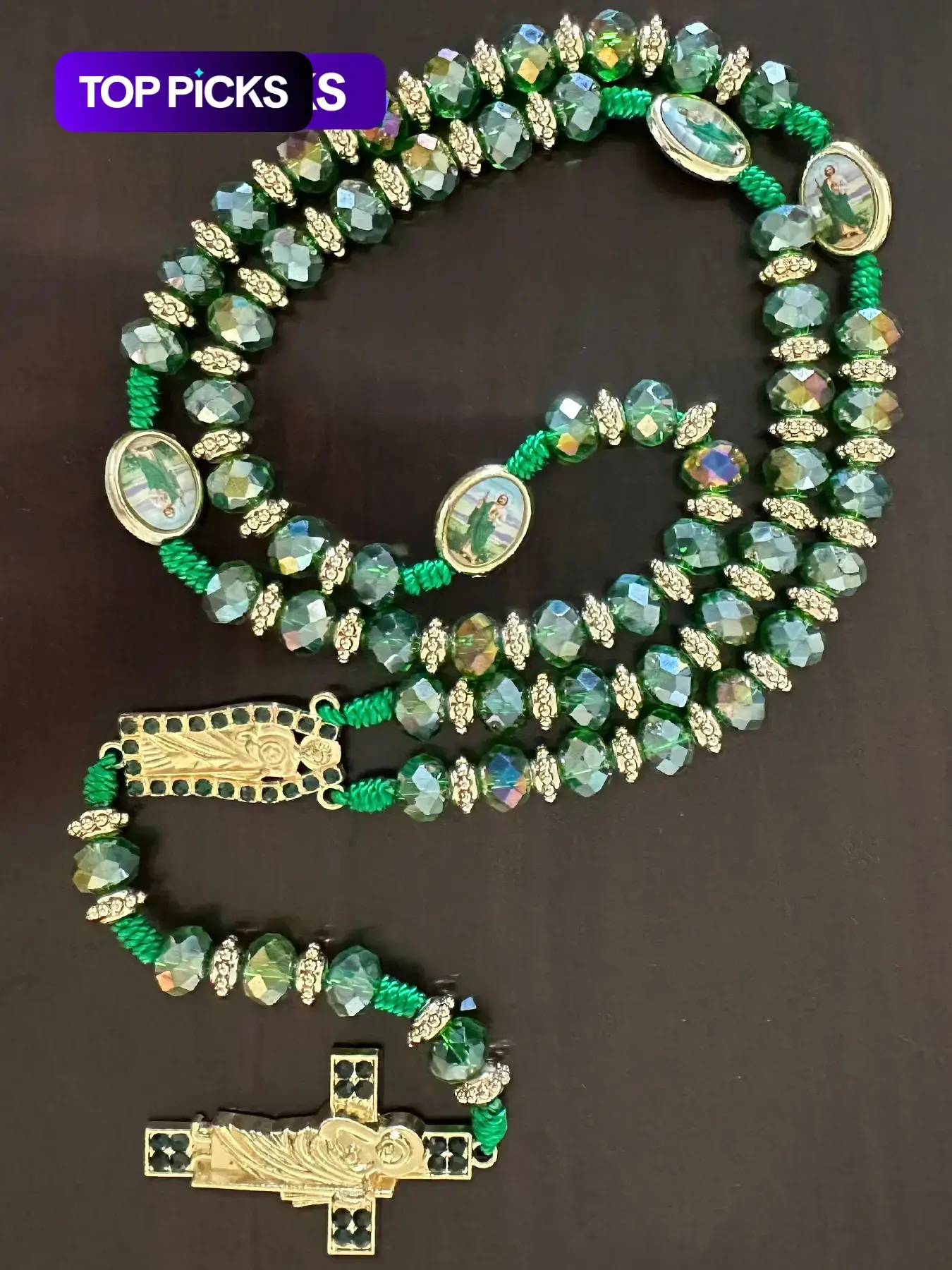 Rosario católico de San Judas y la Virgen María con cuentas de cristal verdes, collar con cruz y amuleto artesanal para colgar en el auto, regalo para hombre y mujer