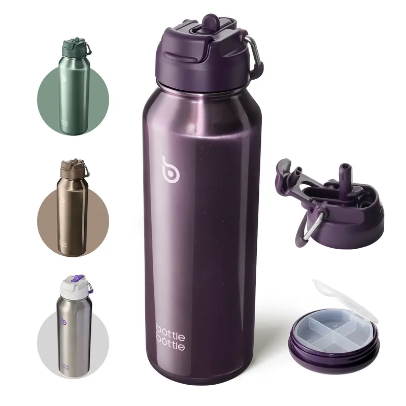 Botol Minum Termal dengan Sedotan, 1180ml (40oz), untuk Olahraga, Baja Tahan Karat, dengan Tutup Berpegangan, untuk Aktivitas Outdoor dan Pil