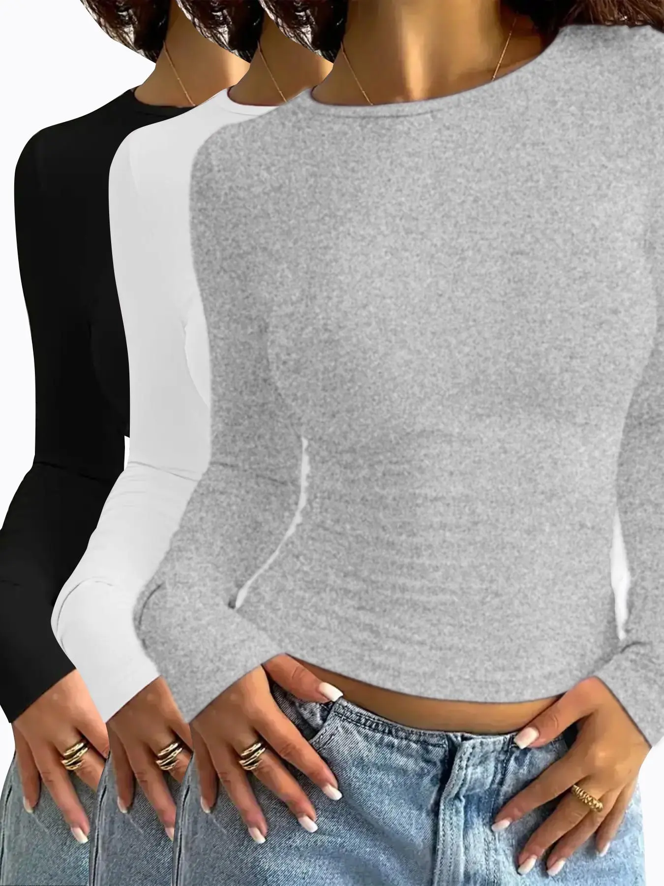 Women’s Solid-Colour Long-Sleeve Crew-Neck T-Shirt, Casual Everyday Basic for All Seasons