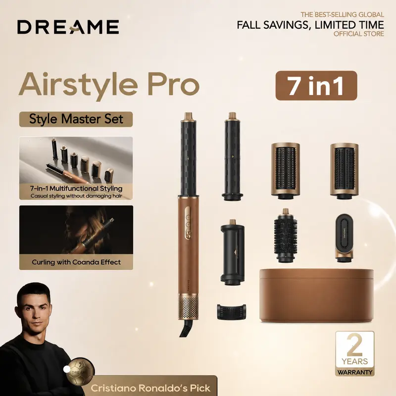 【Limited Deal】DREAME AirStyle Pro 7-in-1 Hair Styler with Fast Drying,AirStyle Suite 4-in-1, Rated Voltage 110v-120v, 2 Curling Barrels, Volumizing Effect, Smoothing Brush, Enhanced Styling hair styling tools hair Curly Iron，Rizador Secador de pelo