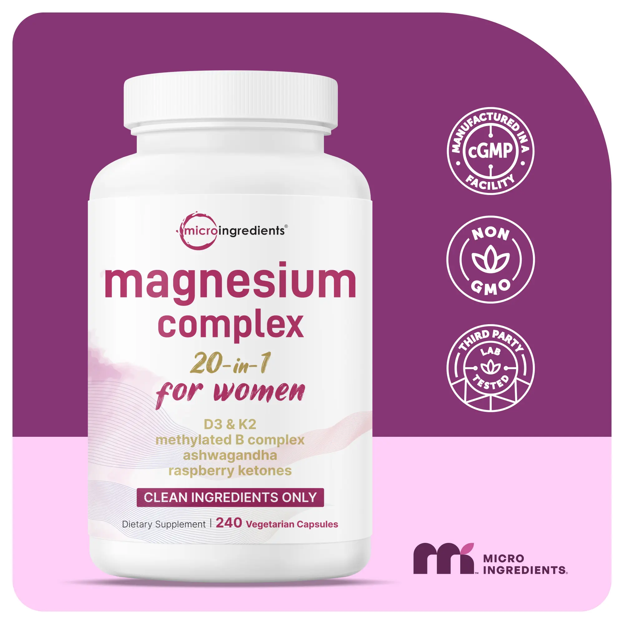 Complexo de magnésio para mulheres, 240 cápsulas vegetarianas, fórmula 20 em 1 com vitamina D3, K2, ashwagandha e mais, sem agentes de enchimento e não transgênico