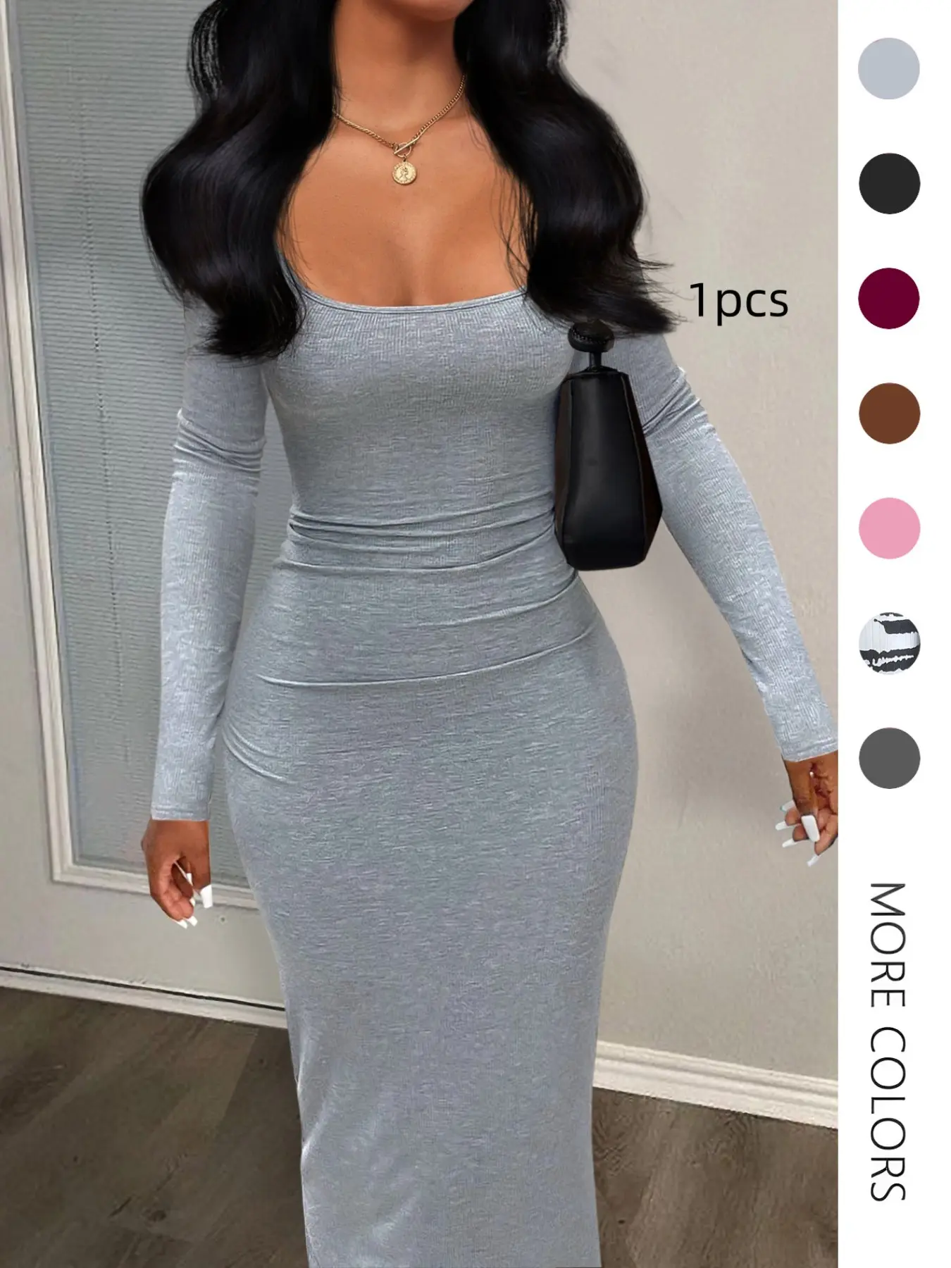 Women's Solid-Color Fitted Knit Dress with Low Neckline, Medium-Weight Fabric, for Spring and Fall #TOP PICKS