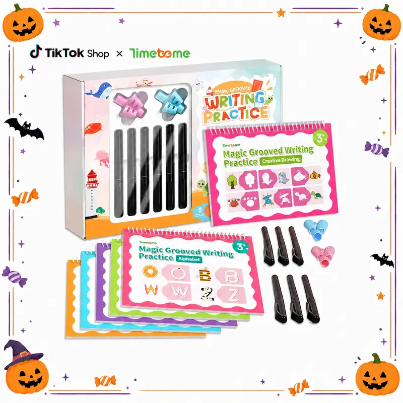 TIMETOME Reusable Grooved Handwriting Workbooks for Kids, 6 Books Covering Maths, Words and Drawing for Early Elementary Learning