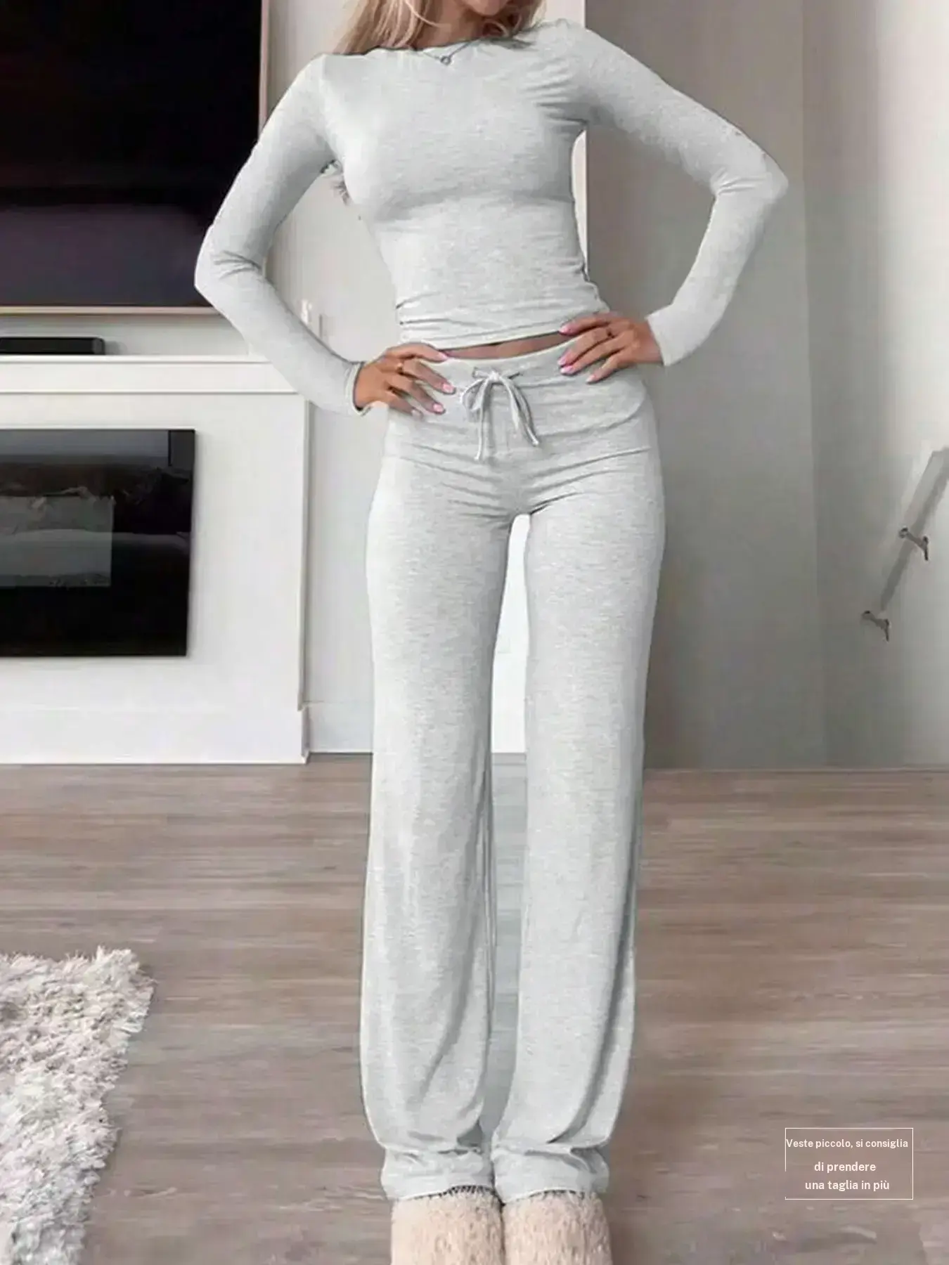 Women's Solid-Colour Long-Sleeve Crop Top and Drawstring Straight-Leg Trousers Loungewear Set, Casual Summer and Autumn Sleepwear
