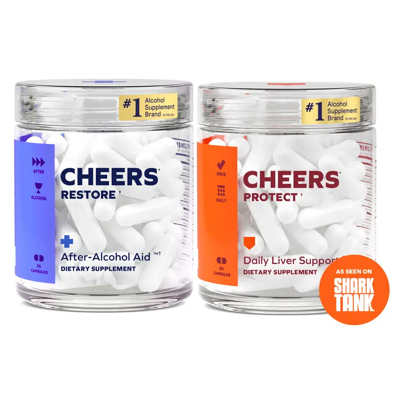Cheers Liver Combo | Restore + Protect | Support Your Liver & Feel Better After Drinking | DHM, L-Cysteine, Milk Thistle, Prickly Pear, B-Vitamins | 12 Doses Restore, 30 Doses Protect | Supplements