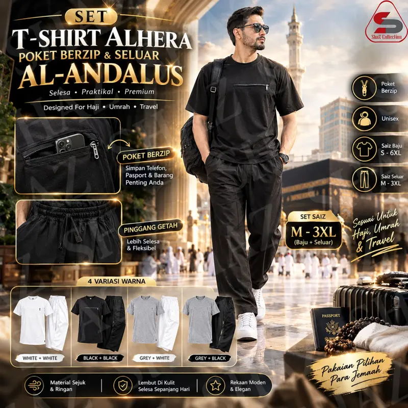 FULL SET COMBO T-SHIRT ALHERA POKET BERZIP & SELUAR AL-ANDALUS/AL-HERA - UNISEX PUTIH DAN HITAM Lengan