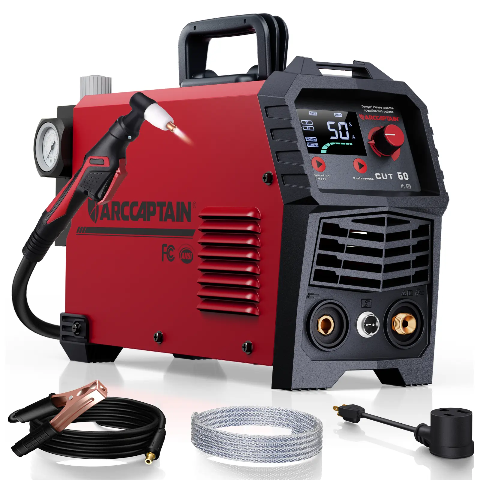 Cortadora de plasma ARCCAPTAIN CUT-50 de 50 A, inversor IGBT de CC portátil con antorcha, pantalla LED grande, doble voltaje de 110/220 V, corte limpio de metal de 1/2 pulgada, posflujo y modos 2T/4T para principiantes