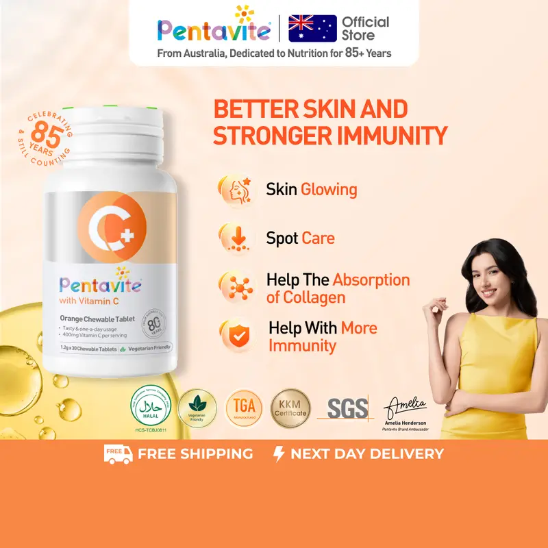 Pentavite Vitamin C Tropische Beeren Kautabletten für Erwachsene, Halal und KKM-zugelassen | 30–180 Tabletten