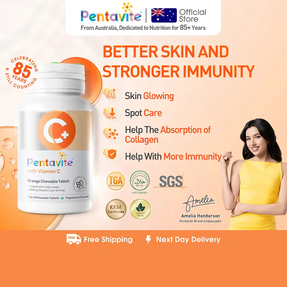 Pentavite 热带莓果味维生素C咀嚼片，清真、通过KKM认证，成人装30-180片