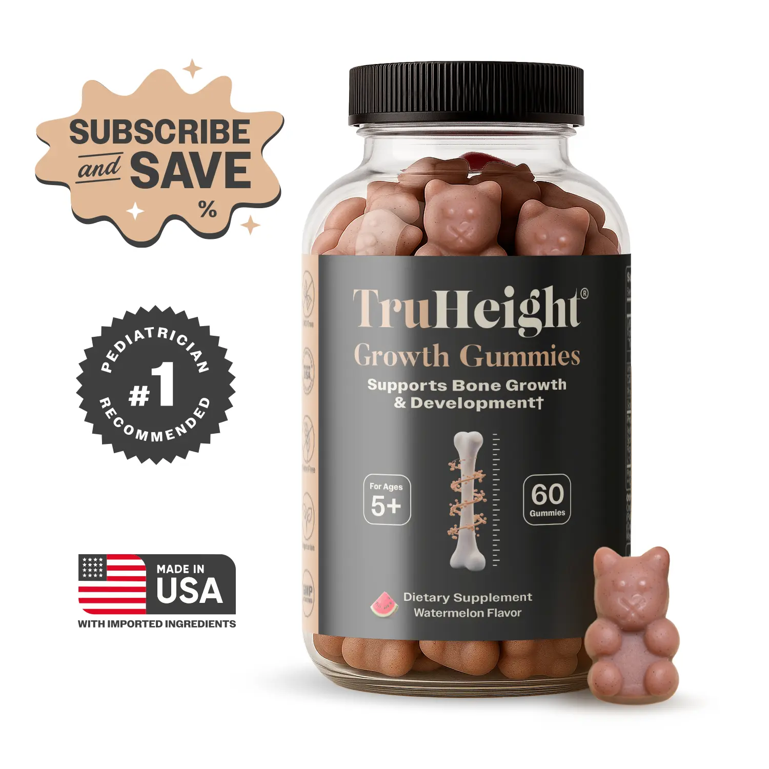 TruHeight Growth Gummies for Kids and Teens Ages 5+, with Vitamin D, Vitamin K and Calcium
