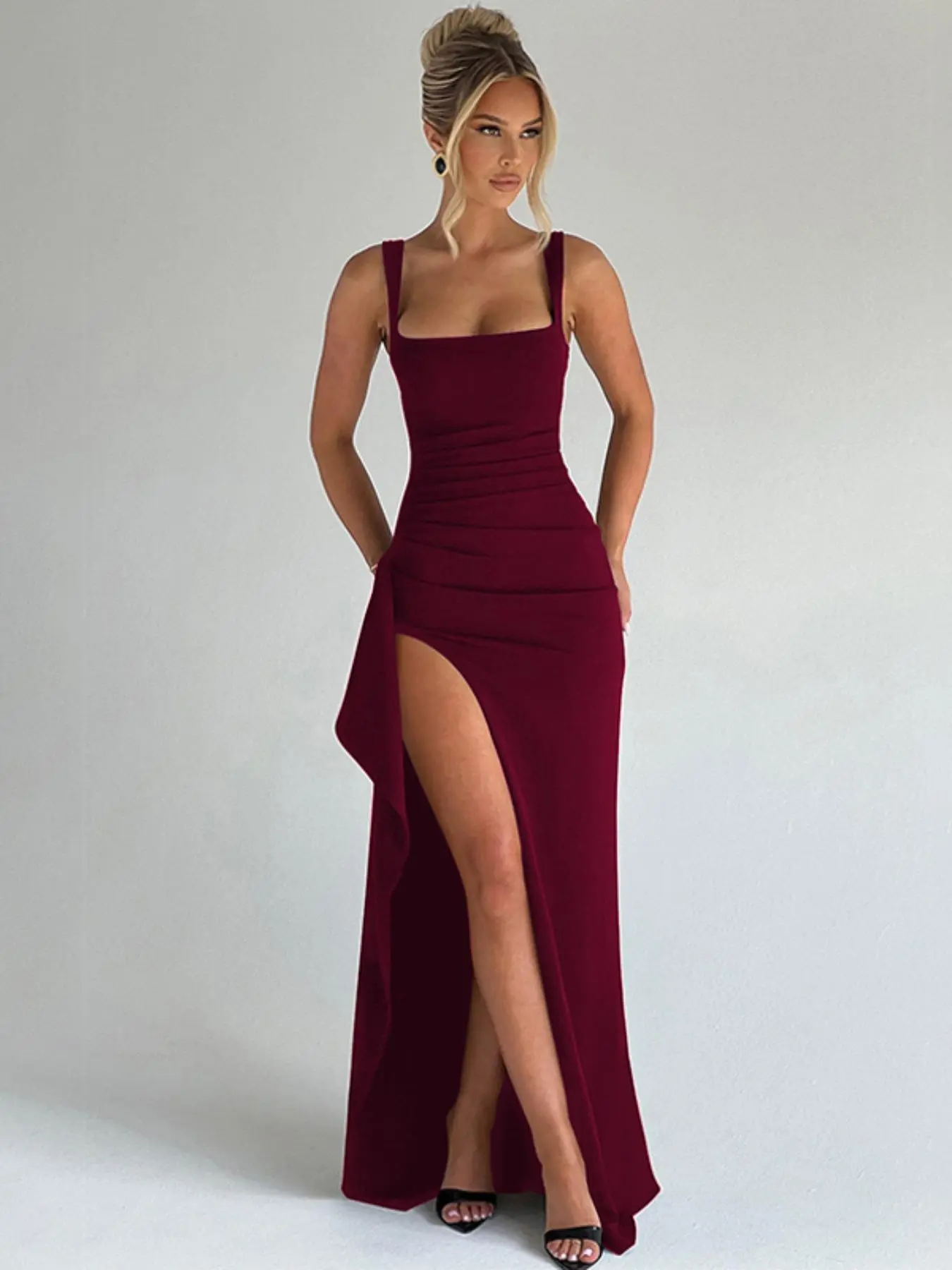 Women’s Solid Sleeveless Bodycon Cami Maxi Dress with Side Slit and Open Back for Parties, Holidays and Beachwear