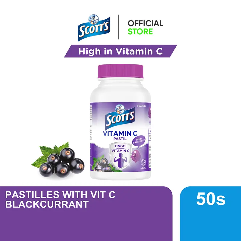 Pastilhas de vitamina C Scott's para crianças, sabor groselha preta, suplemento com 50 unidades
