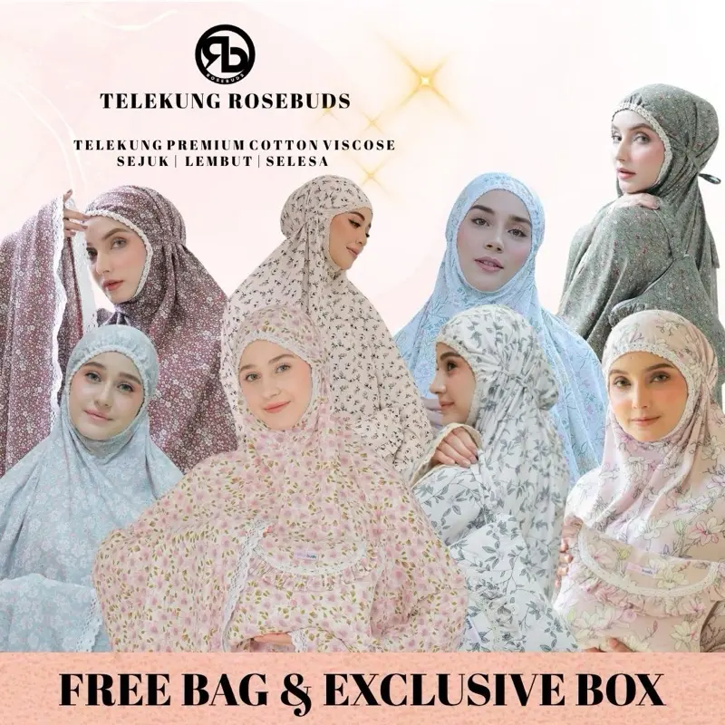 Telekung Sejuk ROSEBUDS Premium Cotton Viscose - Free Bag, Gift Box & Wish Card - Muslimah, Flowy, Travel