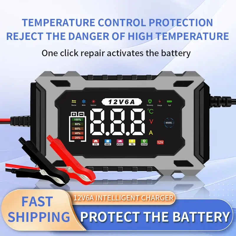 12V6A Plug-in Intelligent Car Battery Charger & Maintainer with Auto-Stop Safety, 4h Lead Acid Battery Fix, Automotive Accessory for Car, Motorcycle