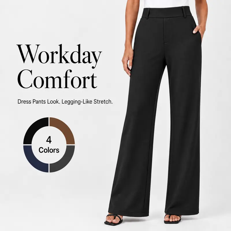 FireSwan Women's High-Waisted Stretch Pull-On Wide-Leg Work Pants with Pockets