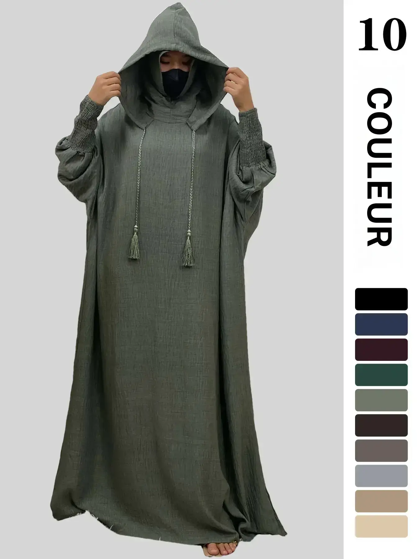 Women's Solid-Colour Batwing-Sleeve Hooded Maxi Dress with Drawstring and Shirred Cuffs, Casual Islamic Clothing for Spring and Autumn